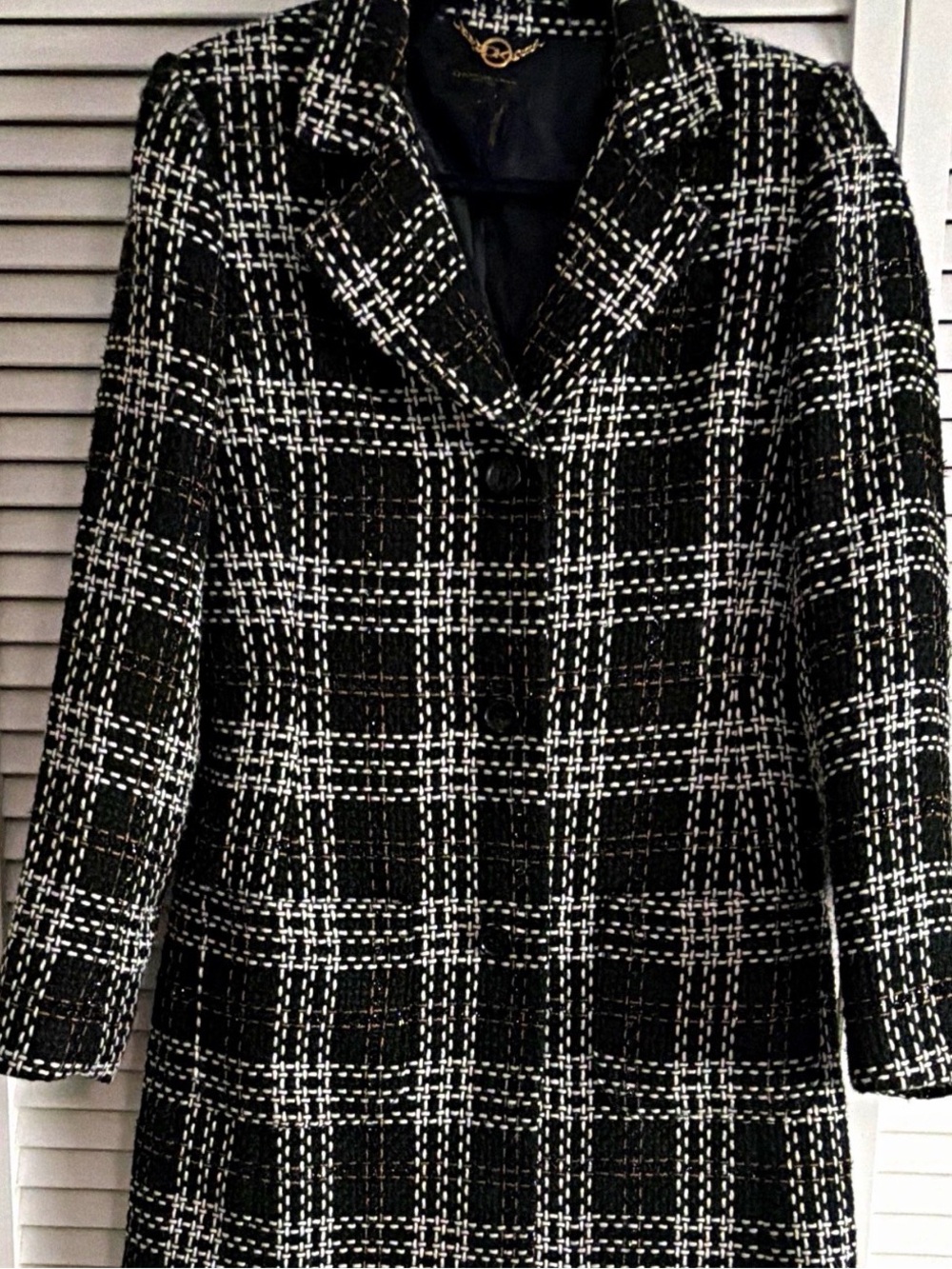 Donna Karan New York Black and White Plaid Tweed Mid-Length Coat Size 2